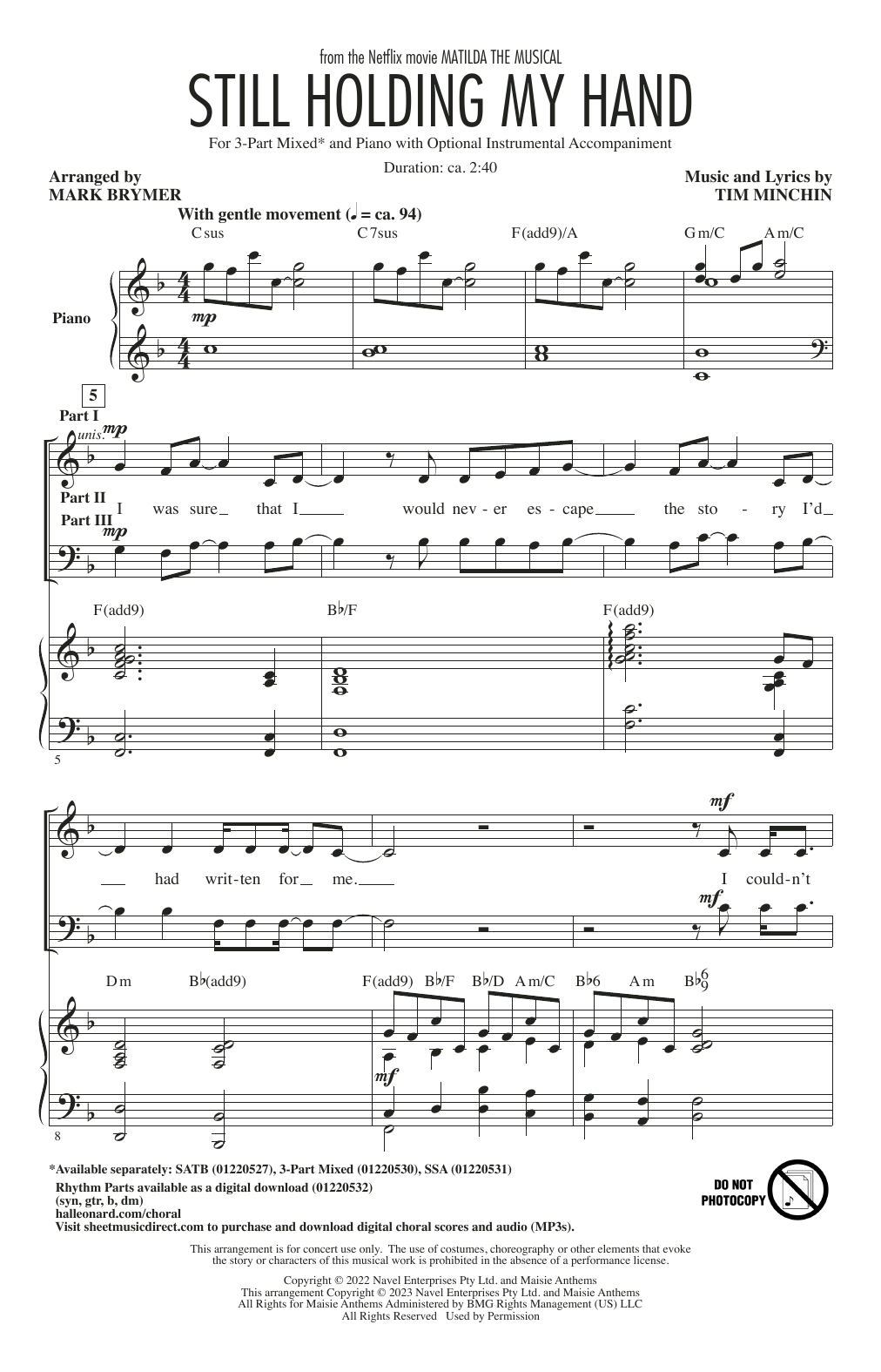 Tim Minchin Still Holding My Hand (from Matilda The Musical) (arr. Mark Brymer) Sheet Music Notes & Chords for 3-Part Mixed Choir - Download or Print PDF