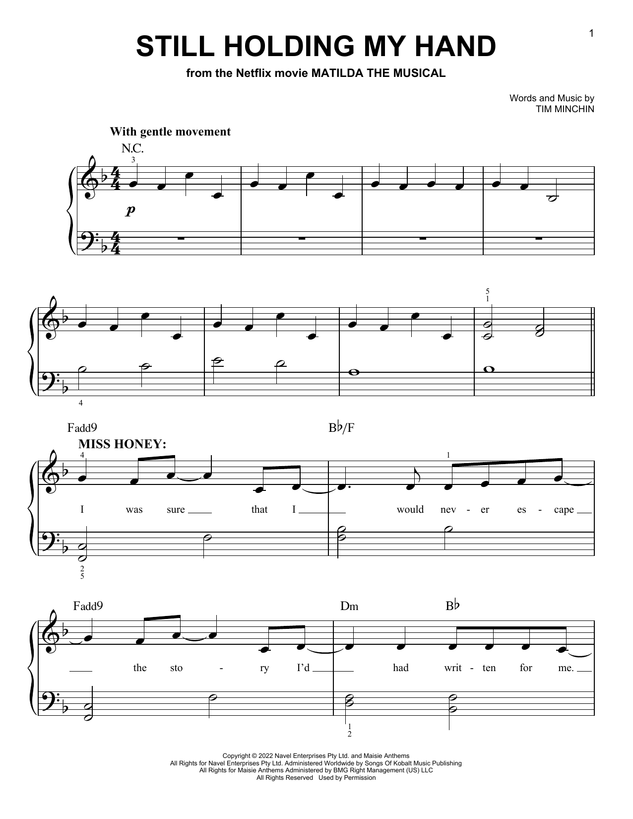 Tim Minchin Still Holding My Hand (from the Netflix movie Matilda The Musical) Sheet Music Notes & Chords for Easy Piano - Download or Print PDF
