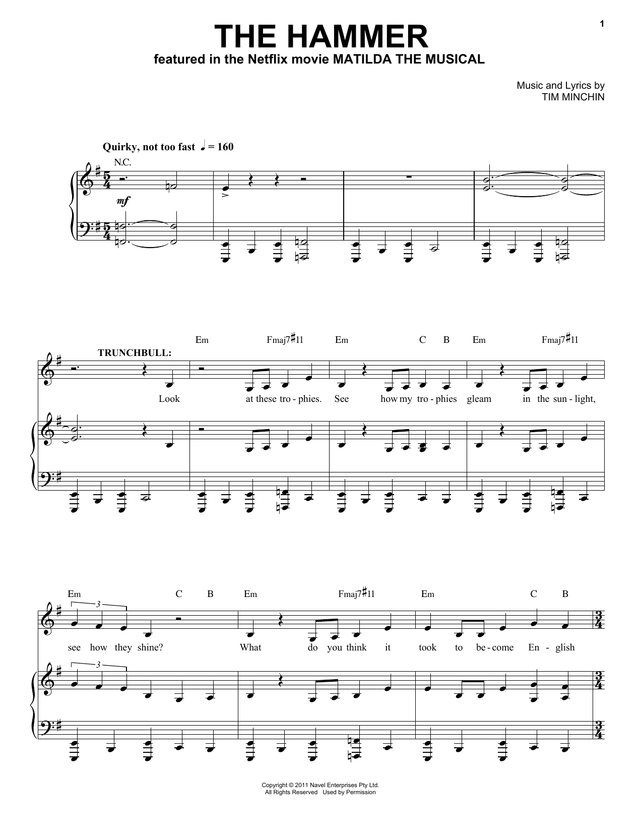 Tim Minchin The Hammer (from the Netflix movie Matilda The Musical) Sheet Music Notes & Chords for Piano & Vocal - Download or Print PDF