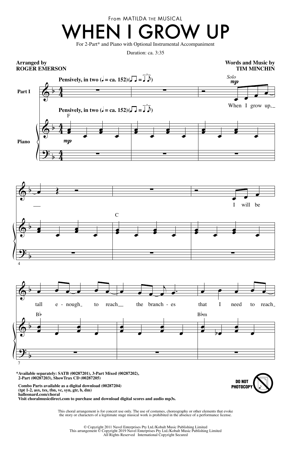 Tim Minchin When I Grow Up (from Matilda: The Musical) (arr. Roger Emerson) Sheet Music Notes & Chords for 2-Part Choir - Download or Print PDF