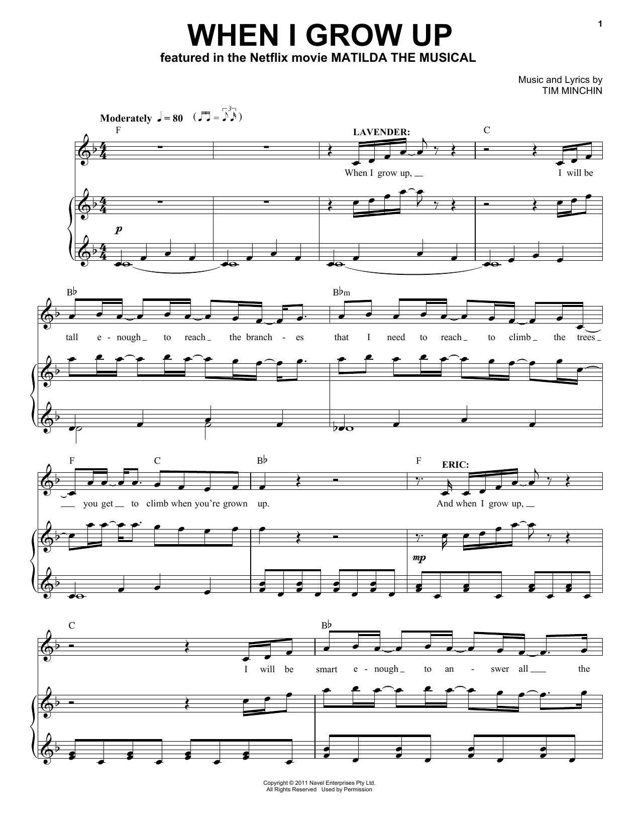 Tim Minchin When I Grow Up (from the Netflix movie Matilda The Musical) Sheet Music Notes & Chords for Piano & Vocal - Download or Print PDF