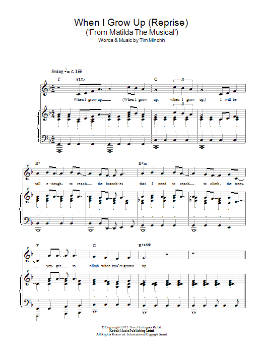 Tim Minchin When I Grow Up (Reprise) ('From Matilda The Musical') Sheet Music Notes & Chords for Piano & Vocal - Download or Print PDF