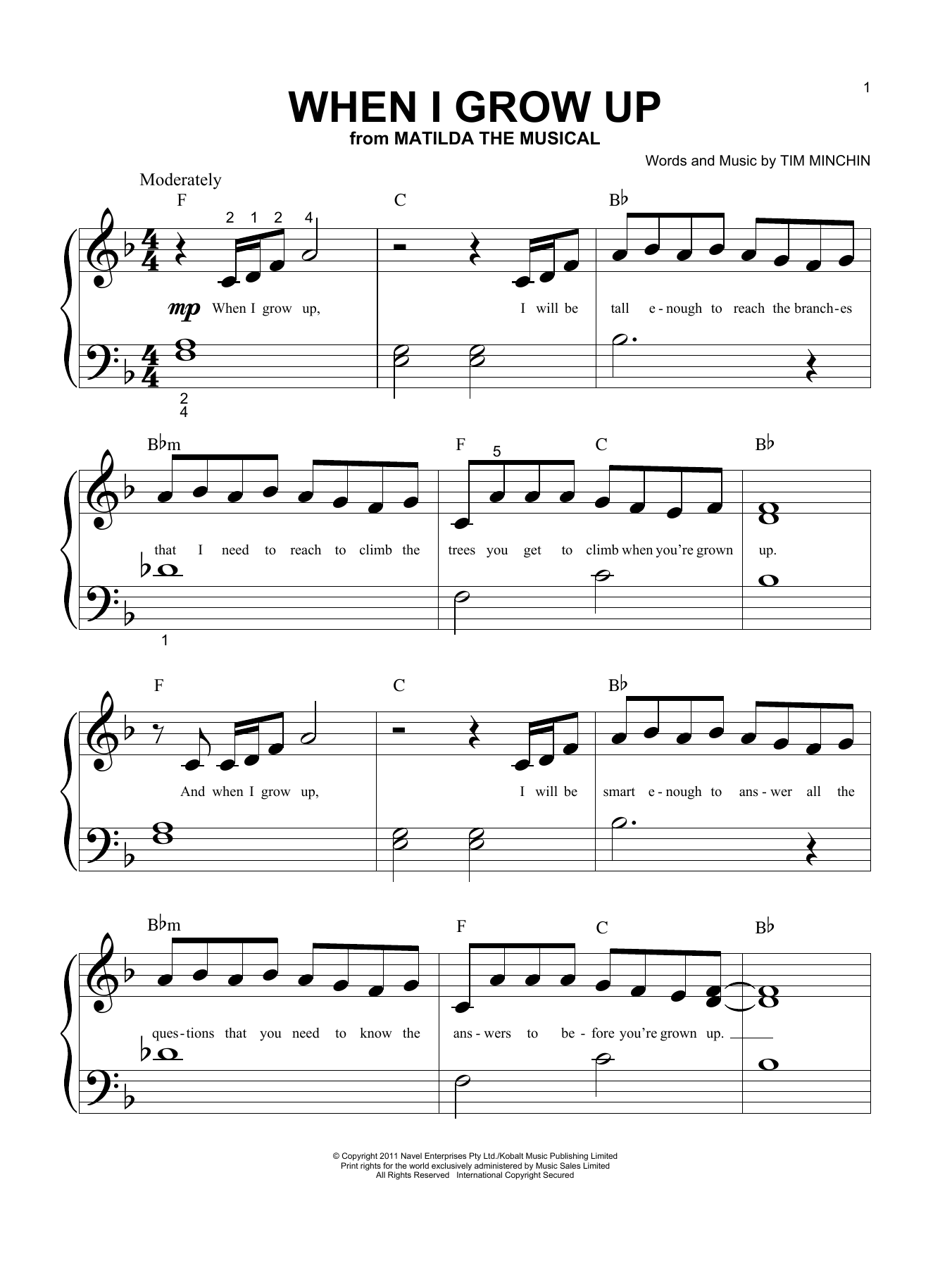 Tim Minchin When I Grow Up Sheet Music Notes & Chords for Piano & Vocal - Download or Print PDF