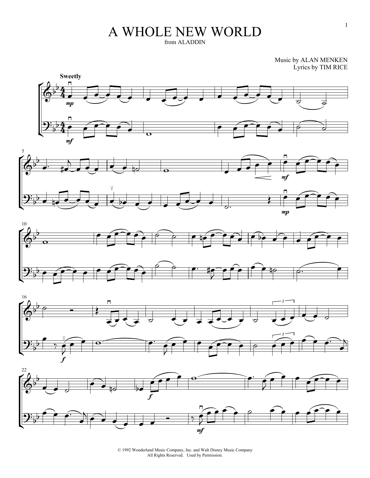 Tim Rice A Whole New World (from Aladdin) (arr. Michelle Hynson) Sheet Music Notes & Chords for Instrumental Duet - Download or Print PDF