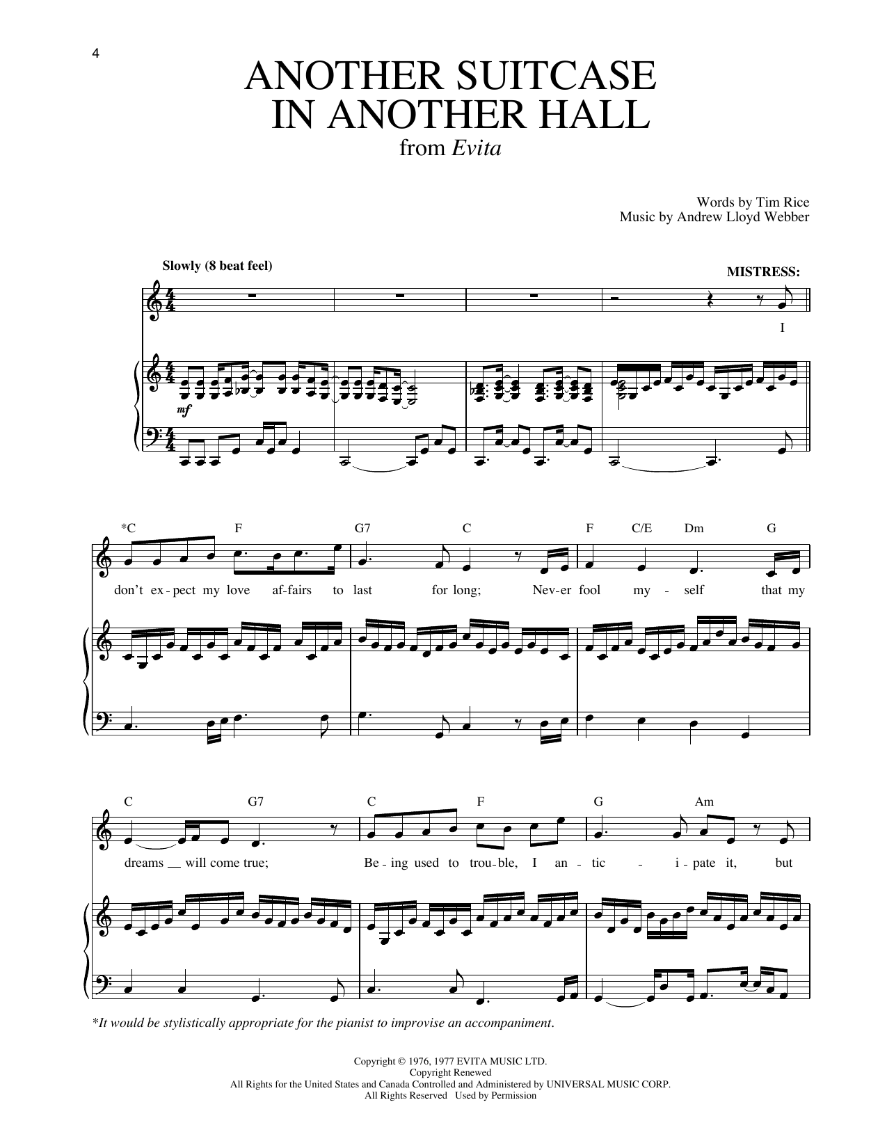 Tim Rice Another Suitcase In Another Hall (from Evita) Sheet Music Notes & Chords for Piano & Vocal - Download or Print PDF