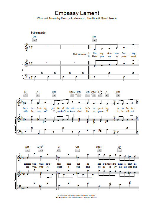 Tim Rice Embassy Lament Sheet Music Notes & Chords for Piano, Vocal & Guitar (Right-Hand Melody) - Download or Print PDF