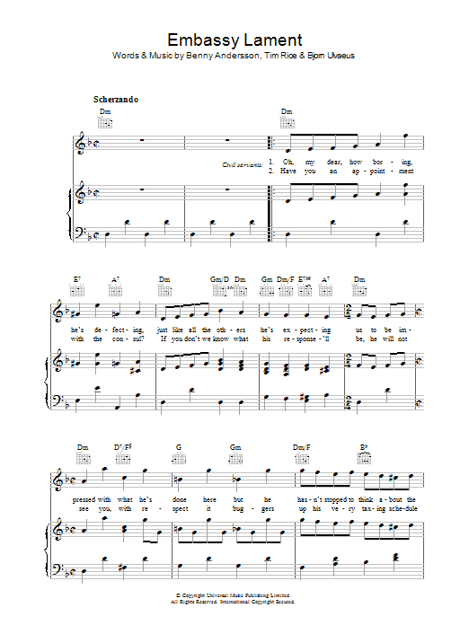 Andersson and Ulvaeus Embassy Lament (from Chess) Sheet Music Notes & Chords for Piano, Vocal & Guitar (Right-Hand Melody) - Download or Print PDF