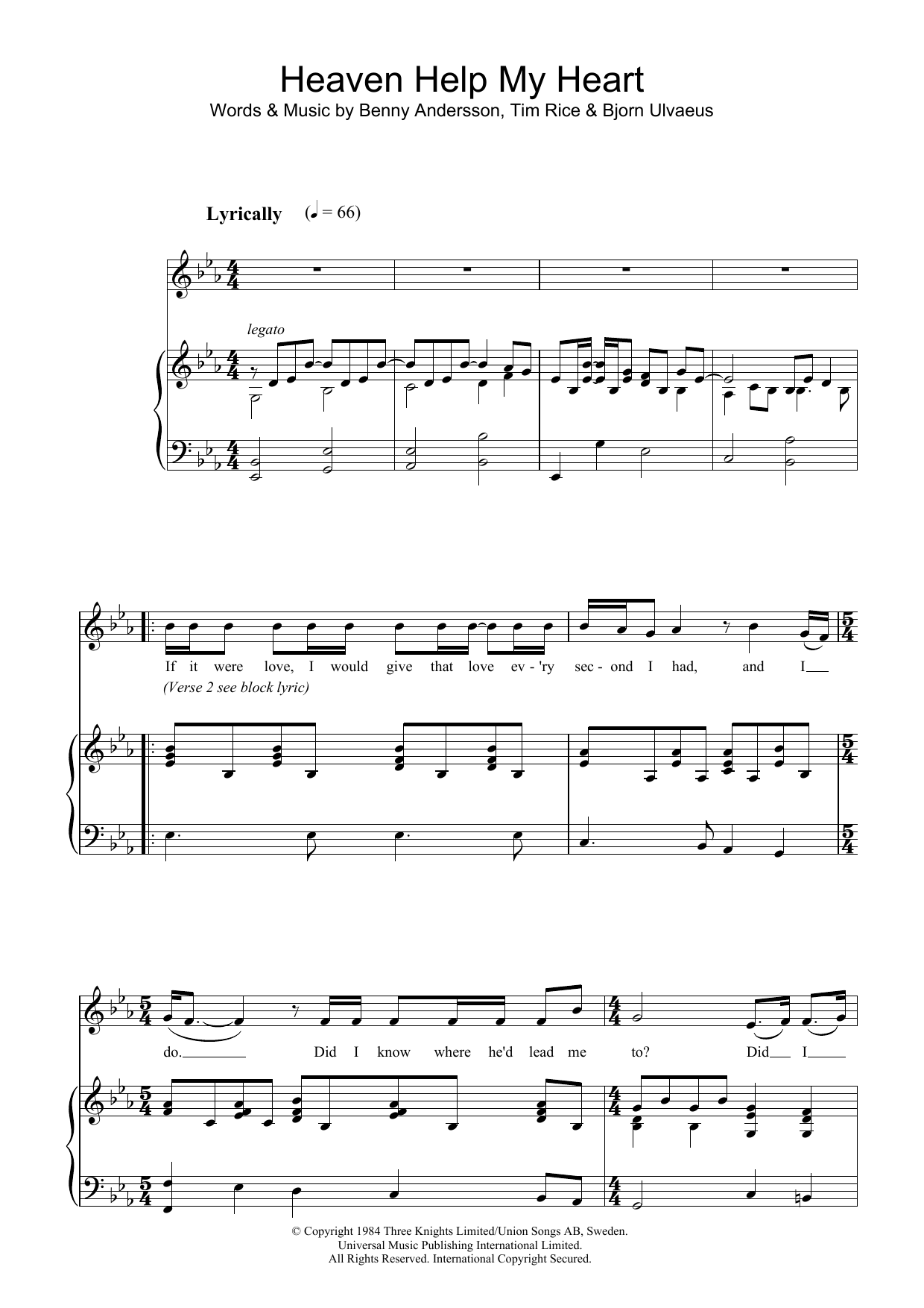 Andersson and Ulvaeus Heaven Help My Heart (from Chess) Sheet Music Notes & Chords for Piano & Vocal - Download or Print PDF