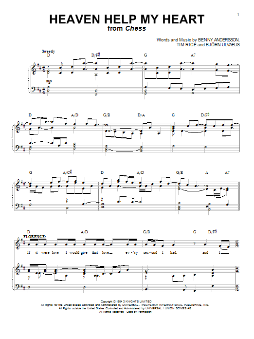 Tim Rice Heaven Help My Heart Sheet Music Notes & Chords for Piano, Vocal & Guitar (Right-Hand Melody) - Download or Print PDF