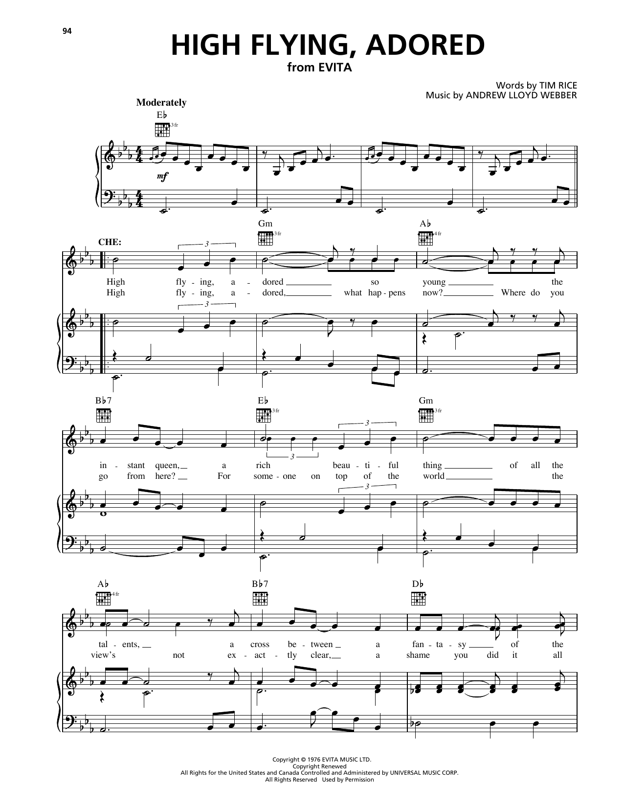 Tim Rice High Flying, Adored (from Evita) Sheet Music Notes & Chords for Piano, Vocal & Guitar Chords (Right-Hand Melody) - Download or Print PDF Tim Rice High Flying, Adored (from Evita) Sheet Music Notes & Chords for Piano, Vocal & Guitar Chords (Right-Hand Melody) - Download or Print PDF