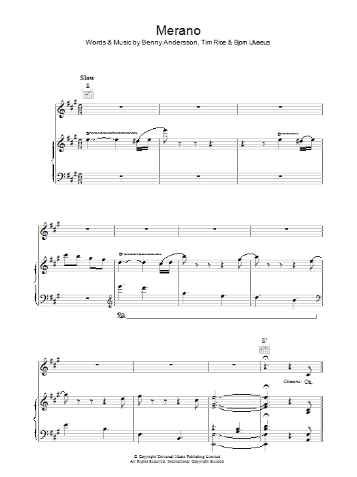 Andersson and Ulvaeus Merano (from Chess) Sheet Music Notes & Chords for Piano, Vocal & Guitar (Right-Hand Melody) - Download or Print PDF