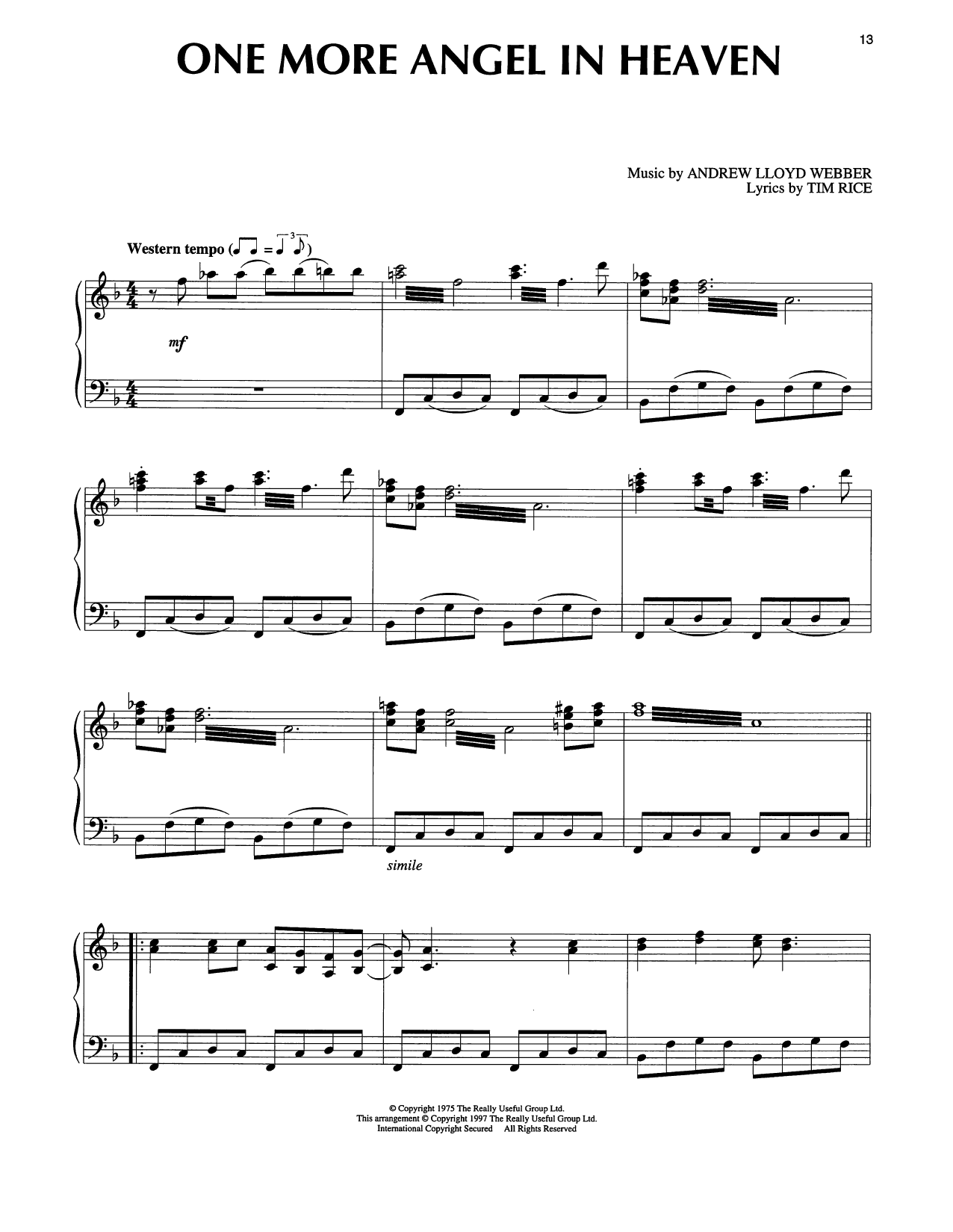Tim Rice One More Angel In Heaven (from Joseph And The Amazing Technicolor Dreamcoat) Sheet Music Notes & Chords for Piano Solo - Download or Print PDF