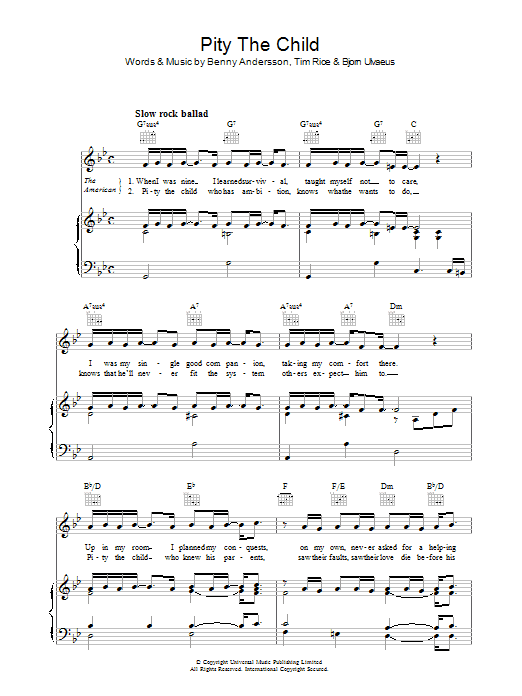 Andersson and Ulvaeus Pity The Child (from Chess) Sheet Music Notes & Chords for Piano, Vocal & Guitar (Right-Hand Melody) - Download or Print PDF