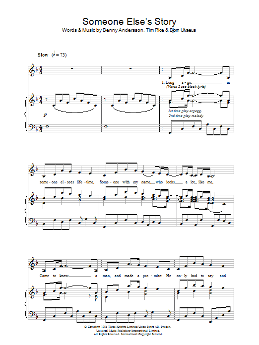 Andersson and Ulvaeus Someone Else's Story (from Chess) Sheet Music Notes & Chords for Piano & Vocal - Download or Print PDF Andersson and Ulvaeus Someone Else's Story (from Chess) Sheet Music Notes & Chords for Piano & Vocal - Download or Print PDF