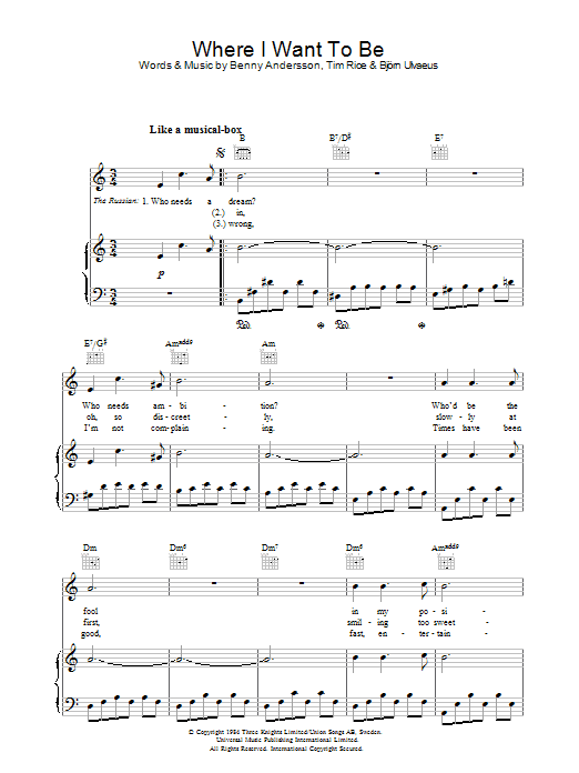Andersson and Ulvaeus Where I Want To Be (from Chess) Sheet Music Notes & Chords for Piano, Vocal & Guitar (Right-Hand Melody) - Download or Print PDF