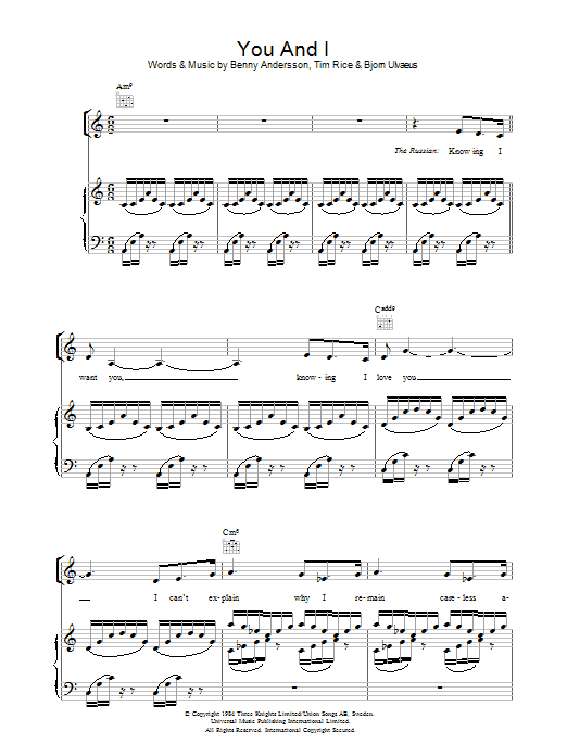 Andersson and Ulvaeus You And I (from Chess) Sheet Music Notes & Chords for Piano, Vocal & Guitar - Download or Print PDF