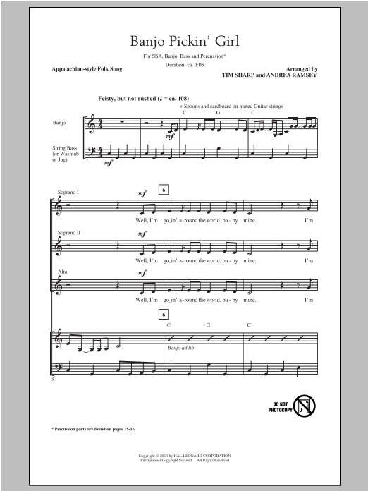 Tim Sharp Banjo Pickin' Girl Sheet Music Notes & Chords for SSA - Download or Print PDF