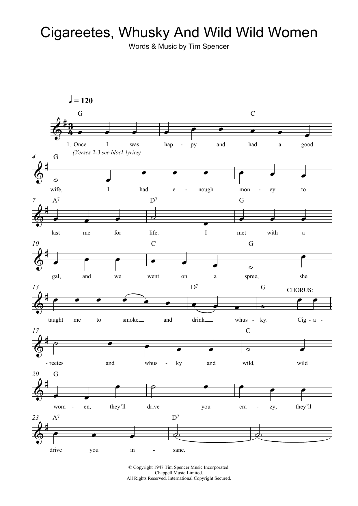 Tim Spencer Cigareetes, Whusky And Wild Wild Women Sheet Music Notes & Chords for Melody Line, Lyrics & Chords - Download or Print PDF