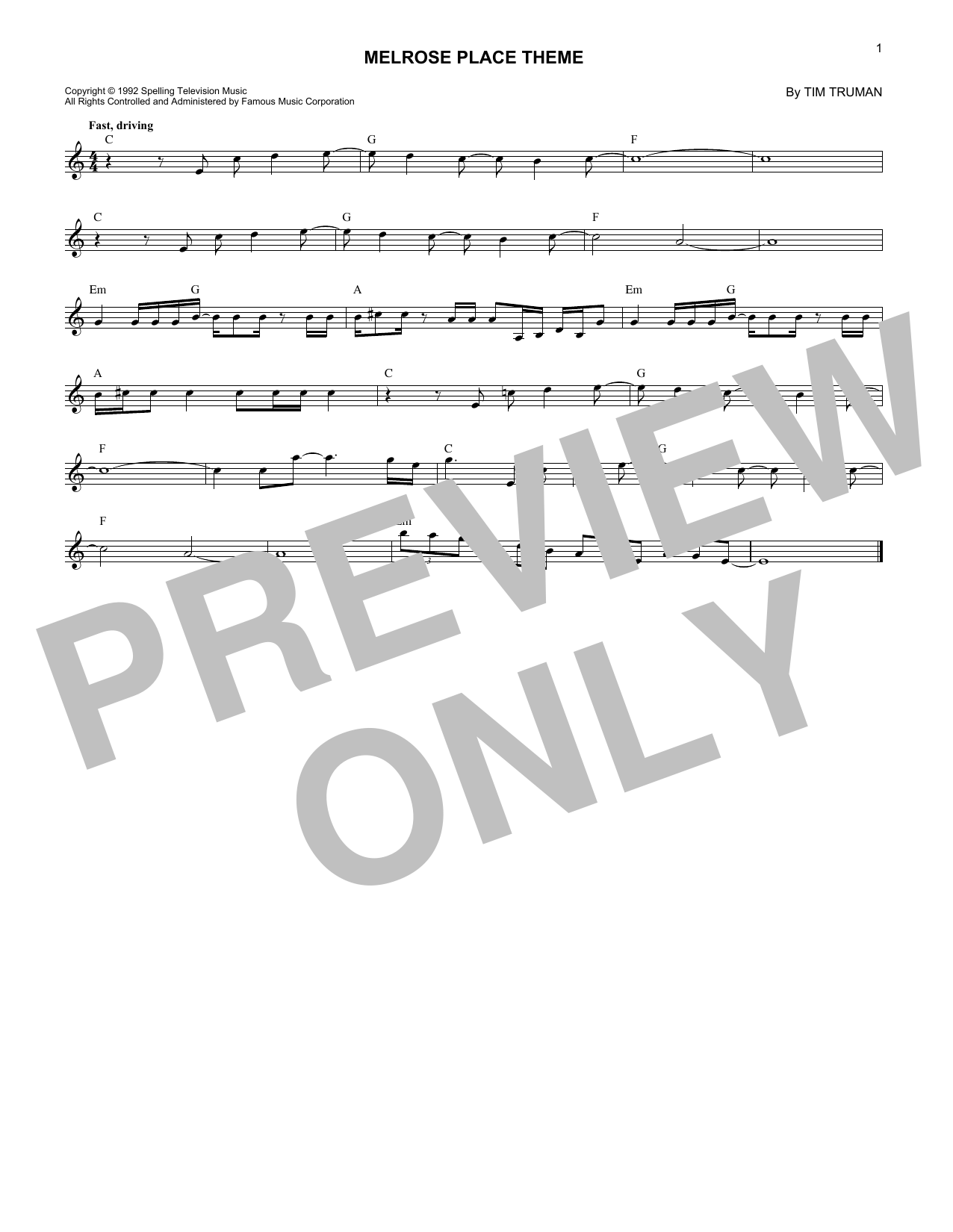 Tim Truman Melrose Place Theme Sheet Music Notes & Chords for Melody Line, Lyrics & Chords - Download or Print PDF