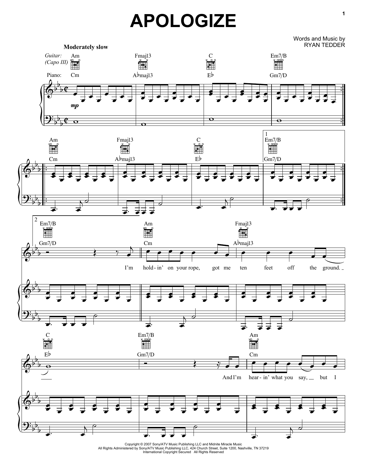 Timbaland Apologize (feat. OneRepublic) Sheet Music Notes & Chords for VPROPG - Download or Print PDF