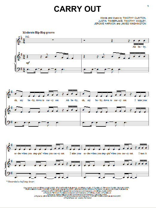 Timbaland featuring Justin Timberlake Carry Out Sheet Music Notes & Chords for Piano, Vocal & Guitar (Right-Hand Melody) - Download or Print PDF