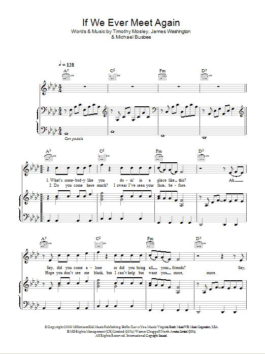 Timbaland featuring Katy Perry If We Ever Meet Again Sheet Music Notes & Chords for Piano, Vocal & Guitar (Right-Hand Melody) - Download or Print PDF