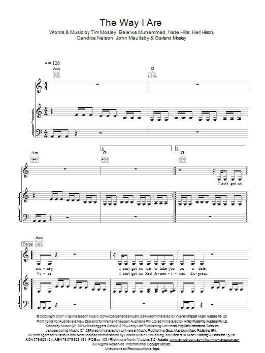 Timbaland The Way I Are Sheet Music Notes & Chords for Piano, Vocal & Guitar (Right-Hand Melody) - Download or Print PDF