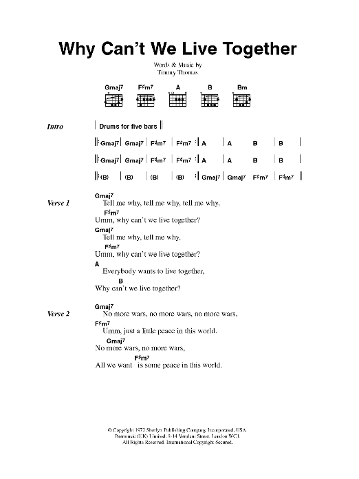 Timmy Thomas Why Can't We Live Together Sheet Music Notes & Chords for Lyrics & Chords - Download or Print PDF