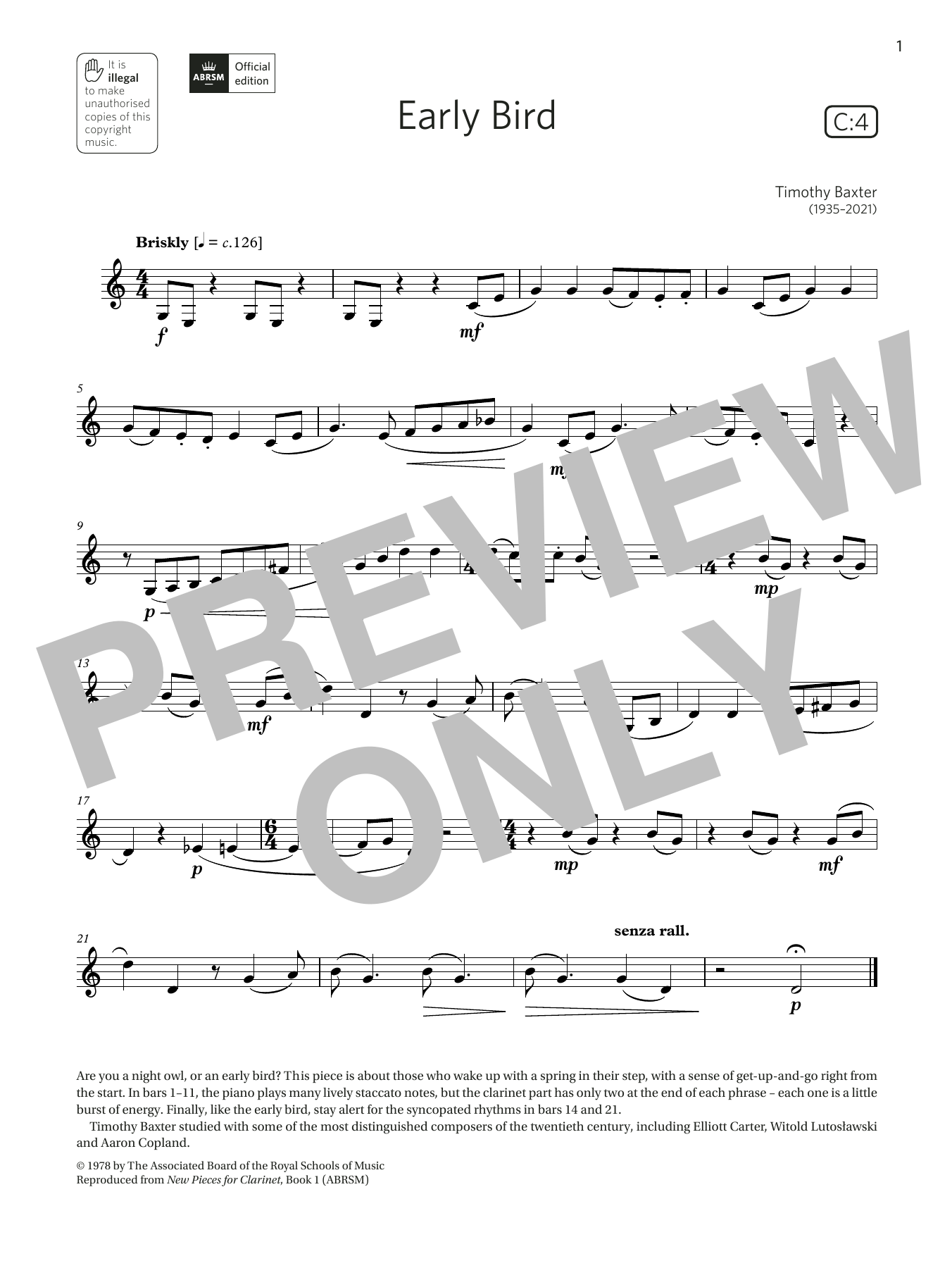 Timothy Baxter Early Bird (Grade 3 List C4 from the ABRSM Clarinet syllabus from 2022) Sheet Music Notes & Chords for Clarinet Solo - Download or Print PDF