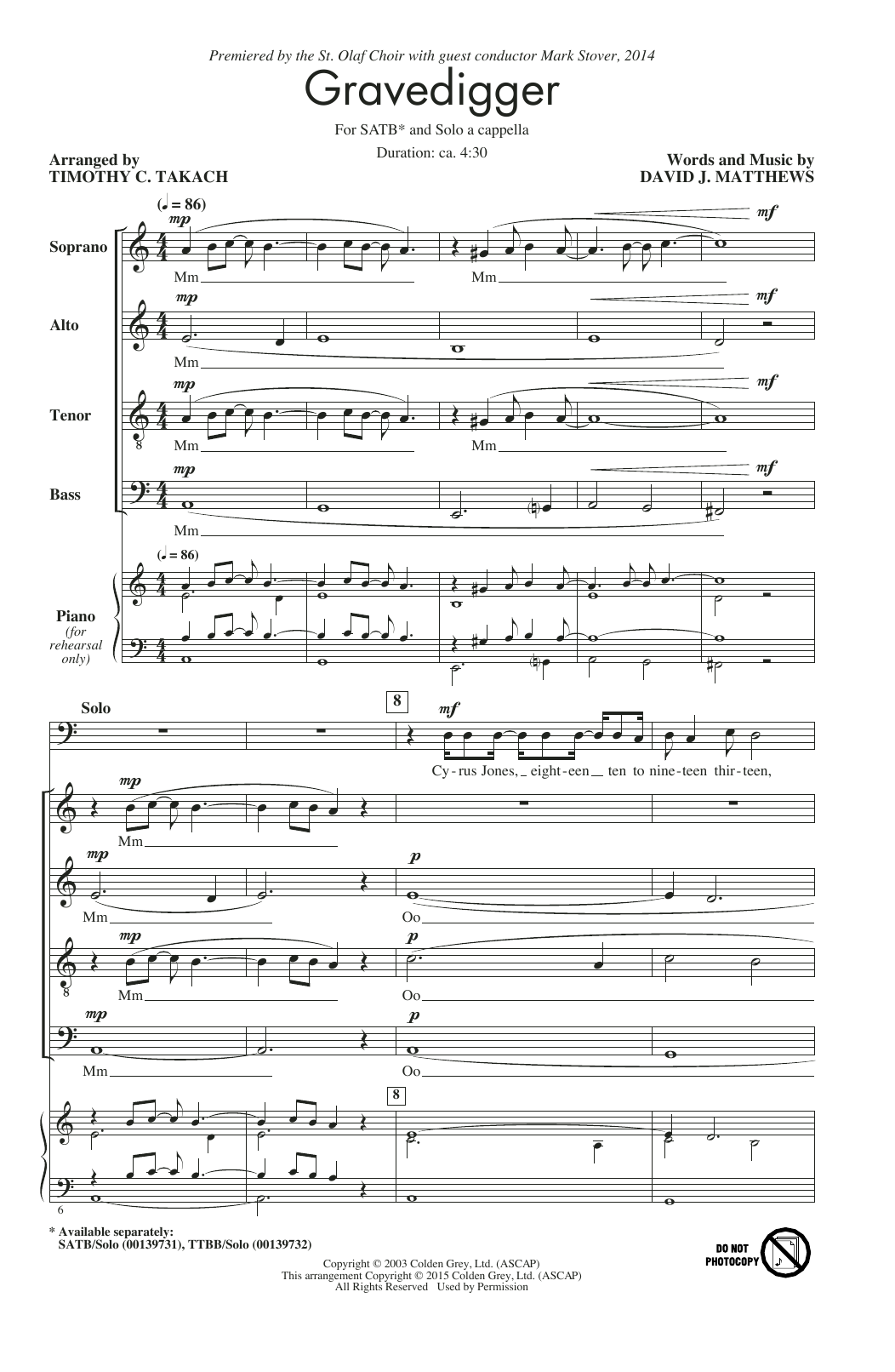 Dave Matthews Gravedigger (arr. Timothy C. Takach) Sheet Music Notes & Chords for SATB - Download or Print PDF