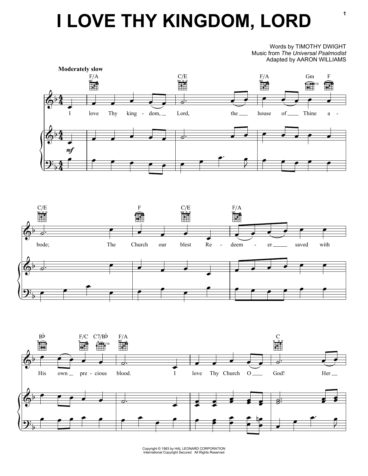 Timothy Dwight I Love Thy Kingdom, Lord Sheet Music Notes & Chords for Piano, Vocal & Guitar Chords (Right-Hand Melody) - Download or Print PDF