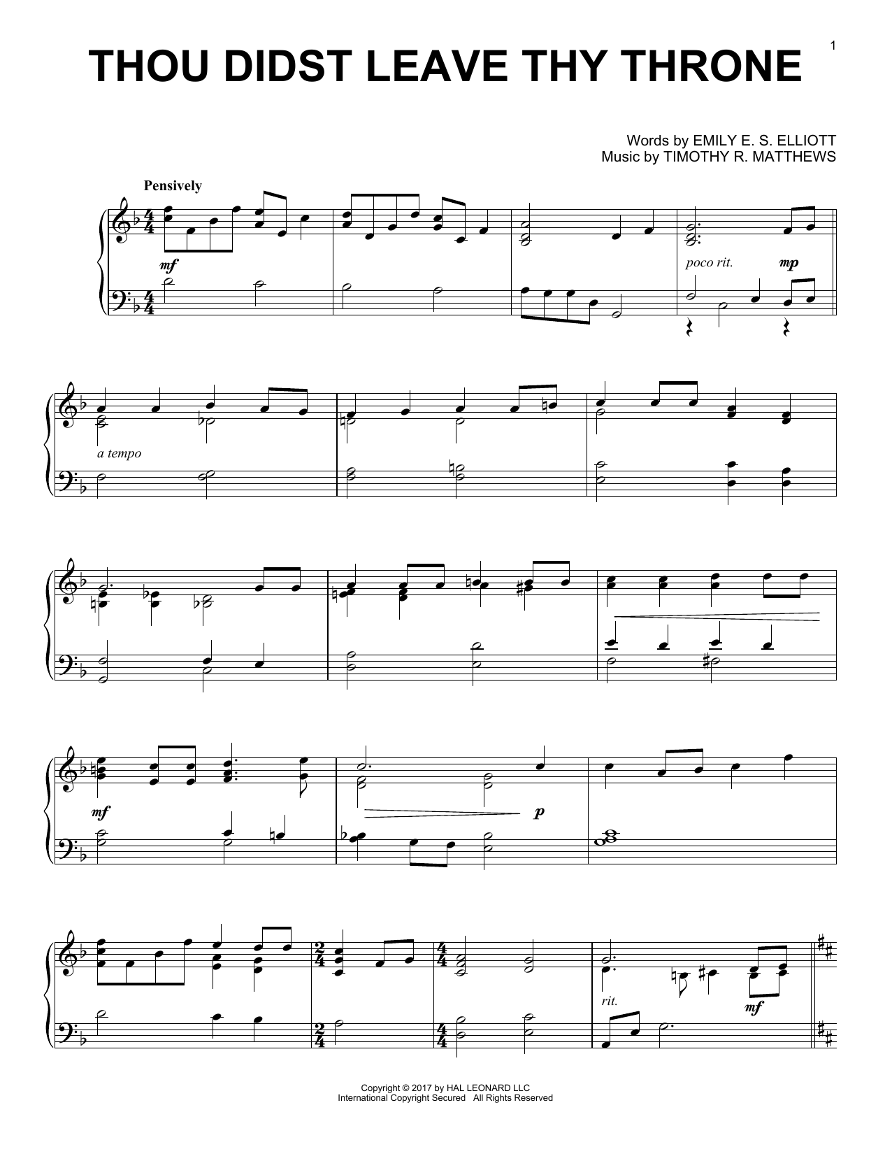Timothy R. Matthews Thou Didst Leave Thy Throne Sheet Music Notes & Chords for Piano - Download or Print PDF