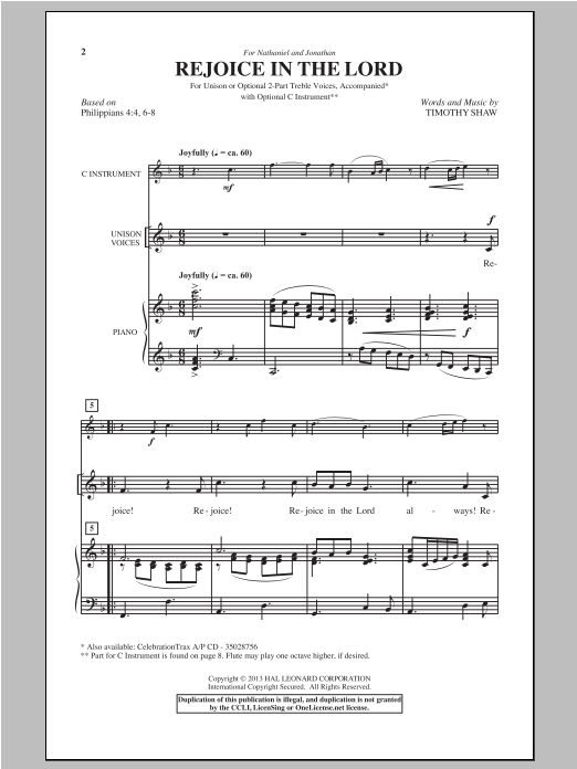 Timothy Shaw Rejoice In The Lord Sheet Music Notes & Chords for Unison Choral - Download or Print PDF