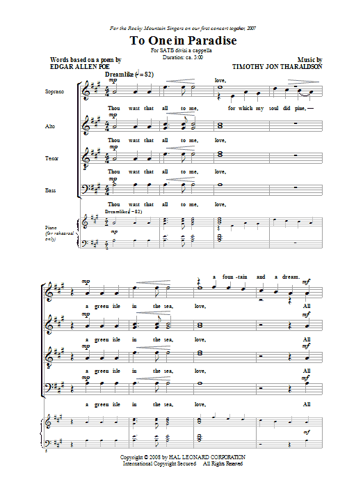 Timothy Tharaldson To One In Paradise Sheet Music Notes & Chords for SATB - Download or Print PDF