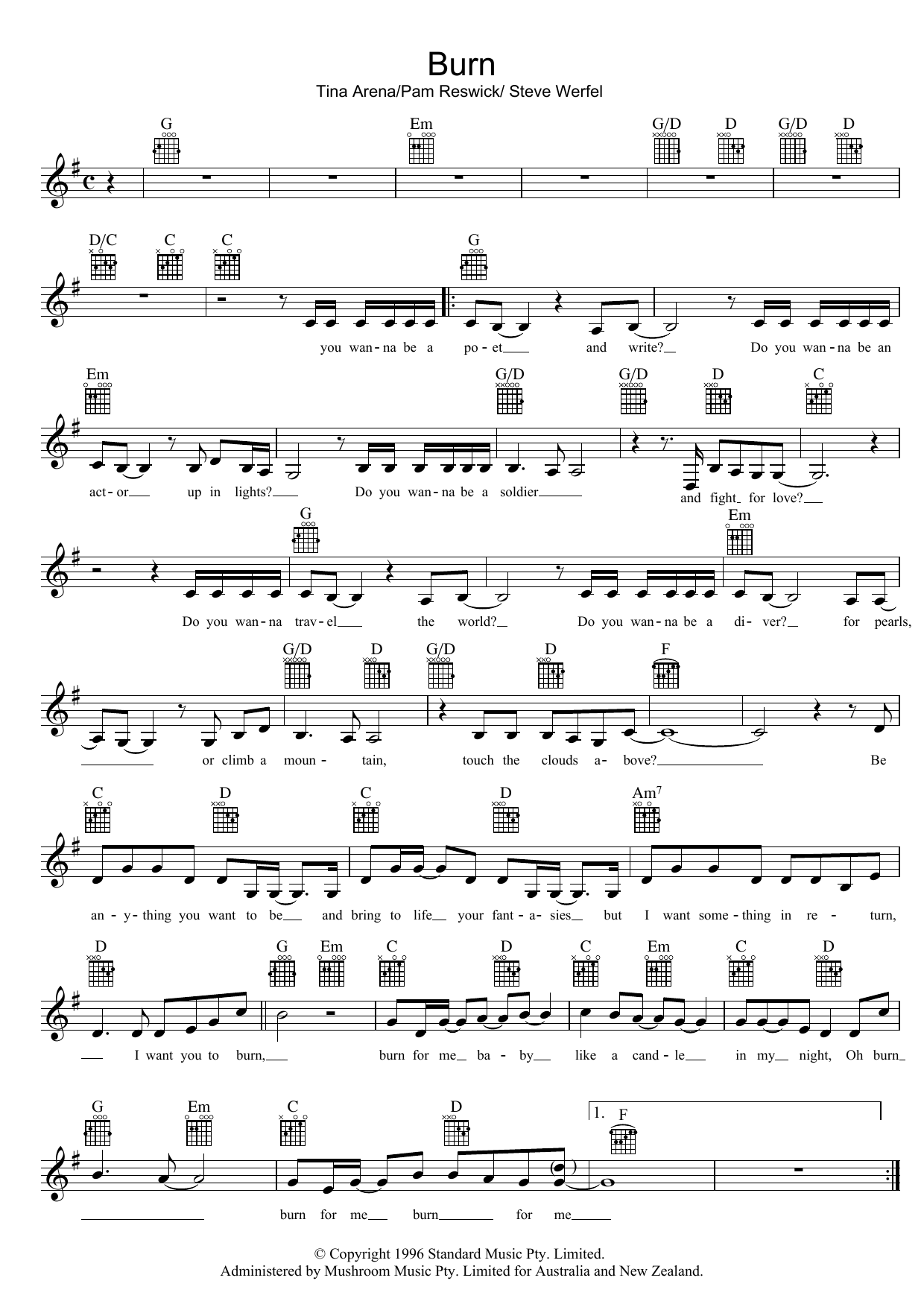 Tina Arena Burn Sheet Music Notes & Chords for Melody Line, Lyrics & Chords - Download or Print PDF