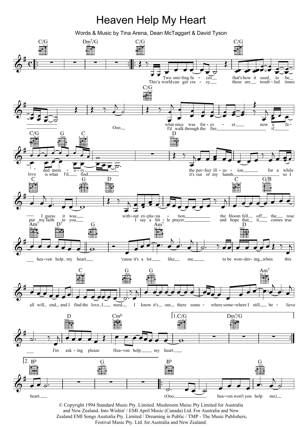 Tina Arena Heaven Help My Heart Sheet Music Notes & Chords for Melody Line, Lyrics & Chords - Download or Print PDF