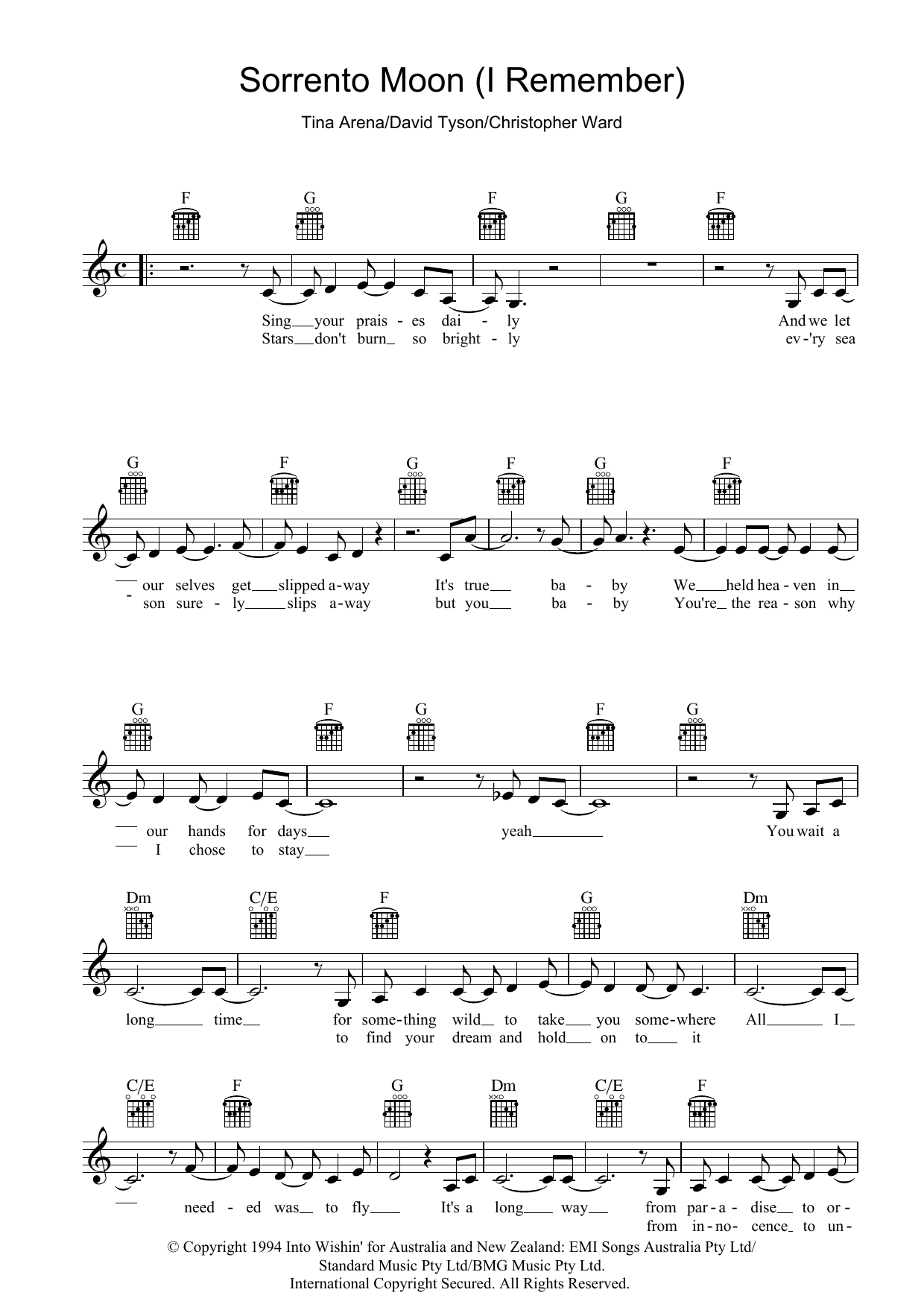 Tina Arena Sorrento Moon (I Remember) Sheet Music Notes & Chords for Melody Line, Lyrics & Chords - Download or Print PDF