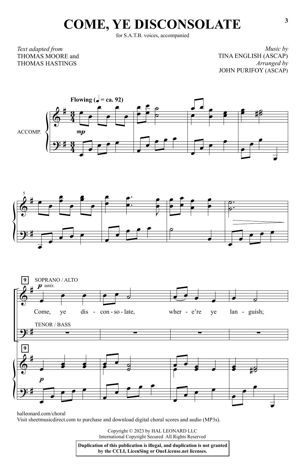 Tina English Come, Ye Disconsolate (arr. John Purifoy) Sheet Music Notes & Chords for SATB Choir - Download or Print PDF