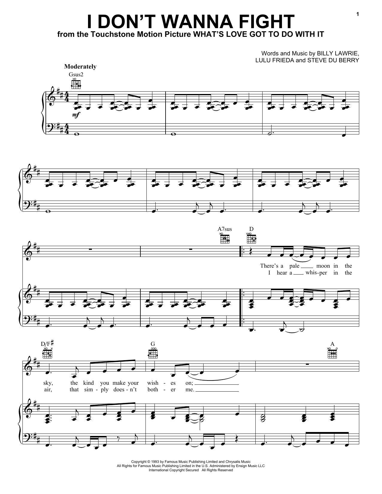 Tina Turner I Don't Wanna Fight Sheet Music Notes & Chords for Piano, Vocal & Guitar (Right-Hand Melody) - Download or Print PDF