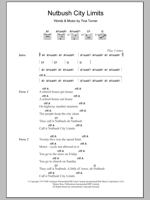 Tina Turner Nutbush City Limits Sheet Music Notes & Chords for Lyrics & Chords - Download or Print PDF