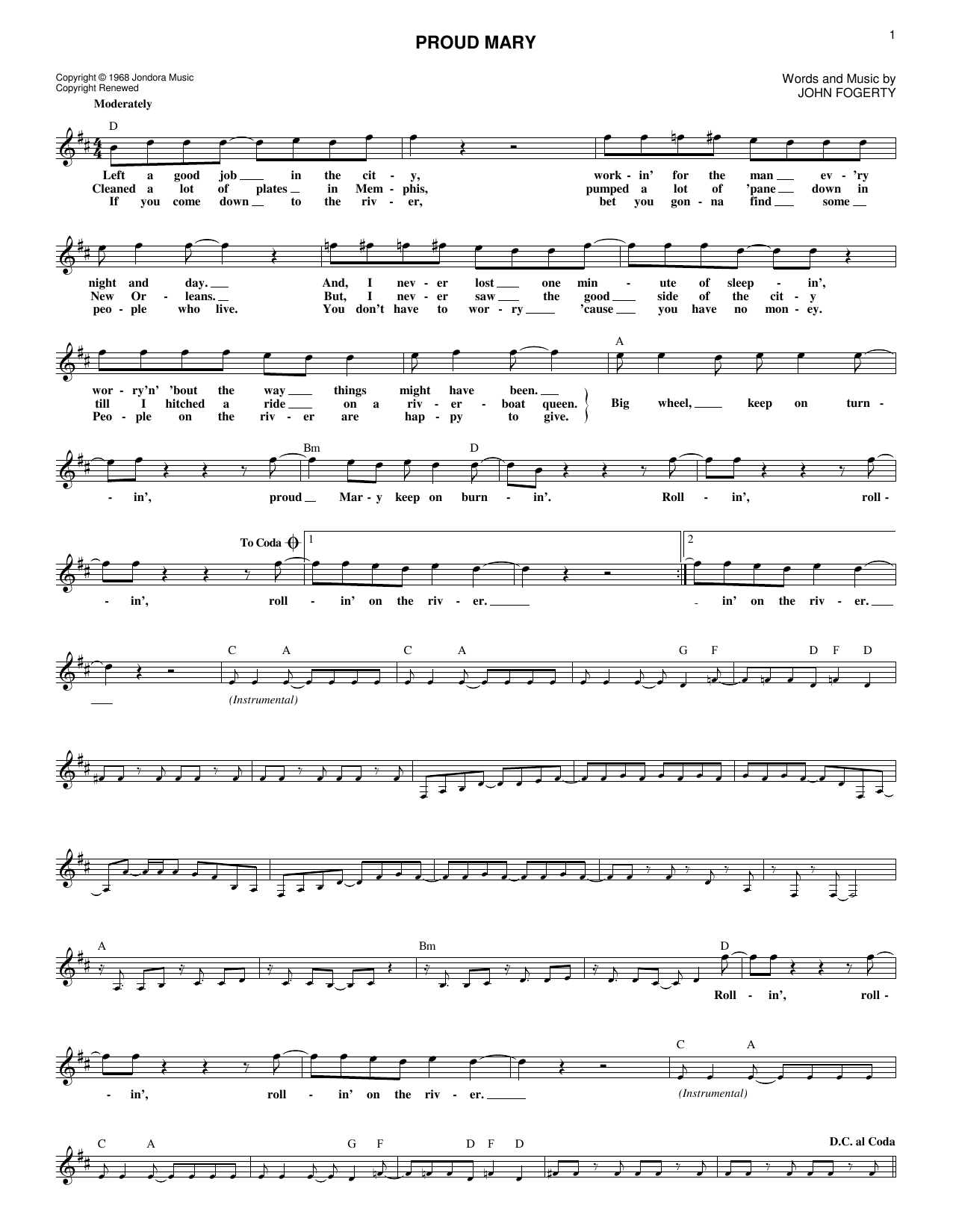 Tina Turner Proud Mary Sheet Music Notes & Chords for Lead Sheet / Fake Book - Download or Print PDF