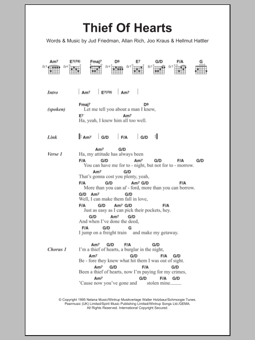 Tina Turner Thief Of Hearts Sheet Music Notes & Chords for Lyrics & Chords - Download or Print PDF