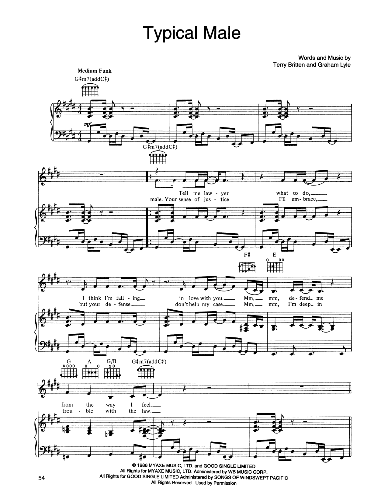Tina Turner Typical Male Sheet Music Notes & Chords for Piano, Vocal & Guitar (Right-Hand Melody) - Download or Print PDF