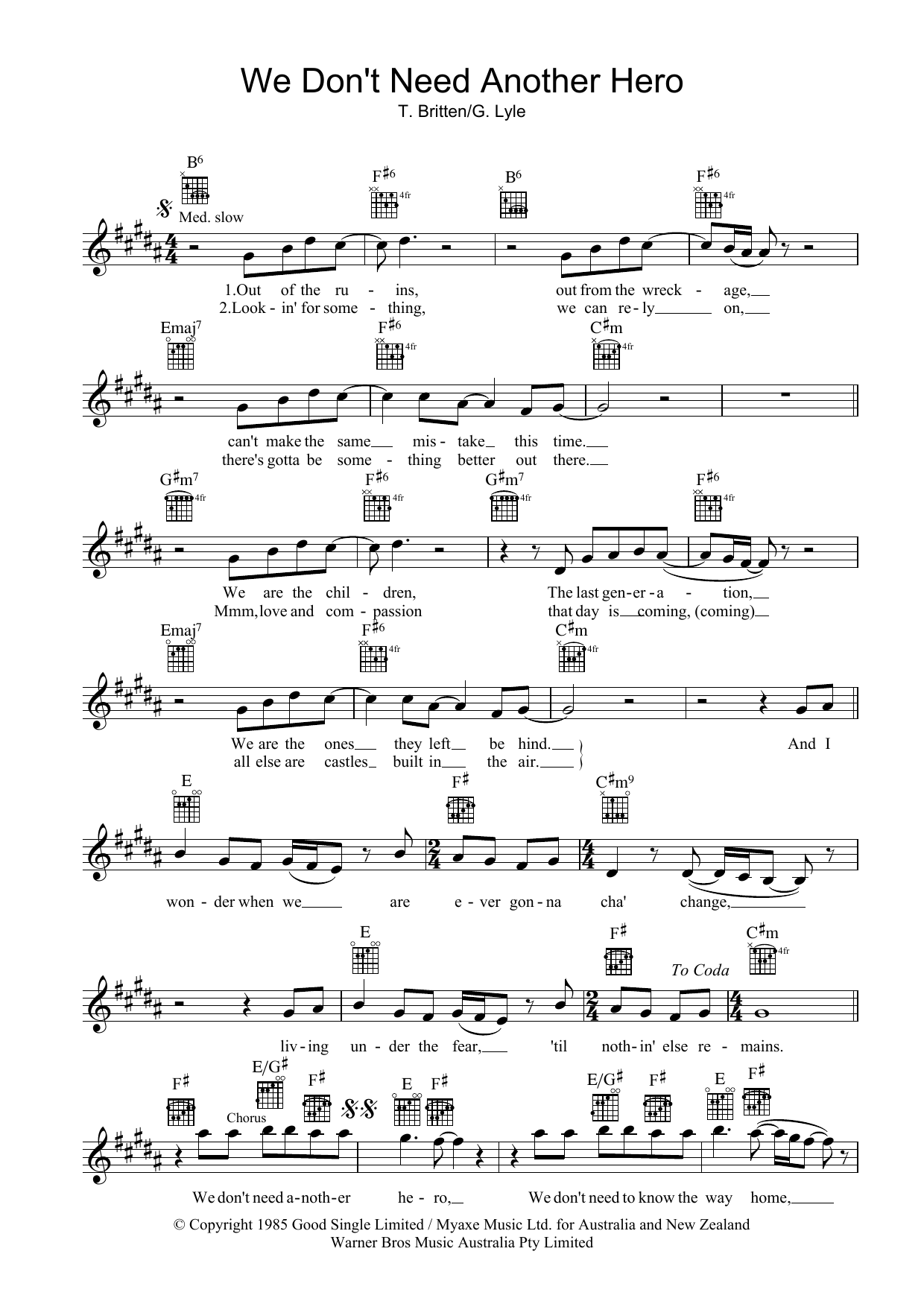 Tina Turner We Don't Need Another Hero Sheet Music Notes & Chords for Melody Line, Lyrics & Chords - Download or Print PDF