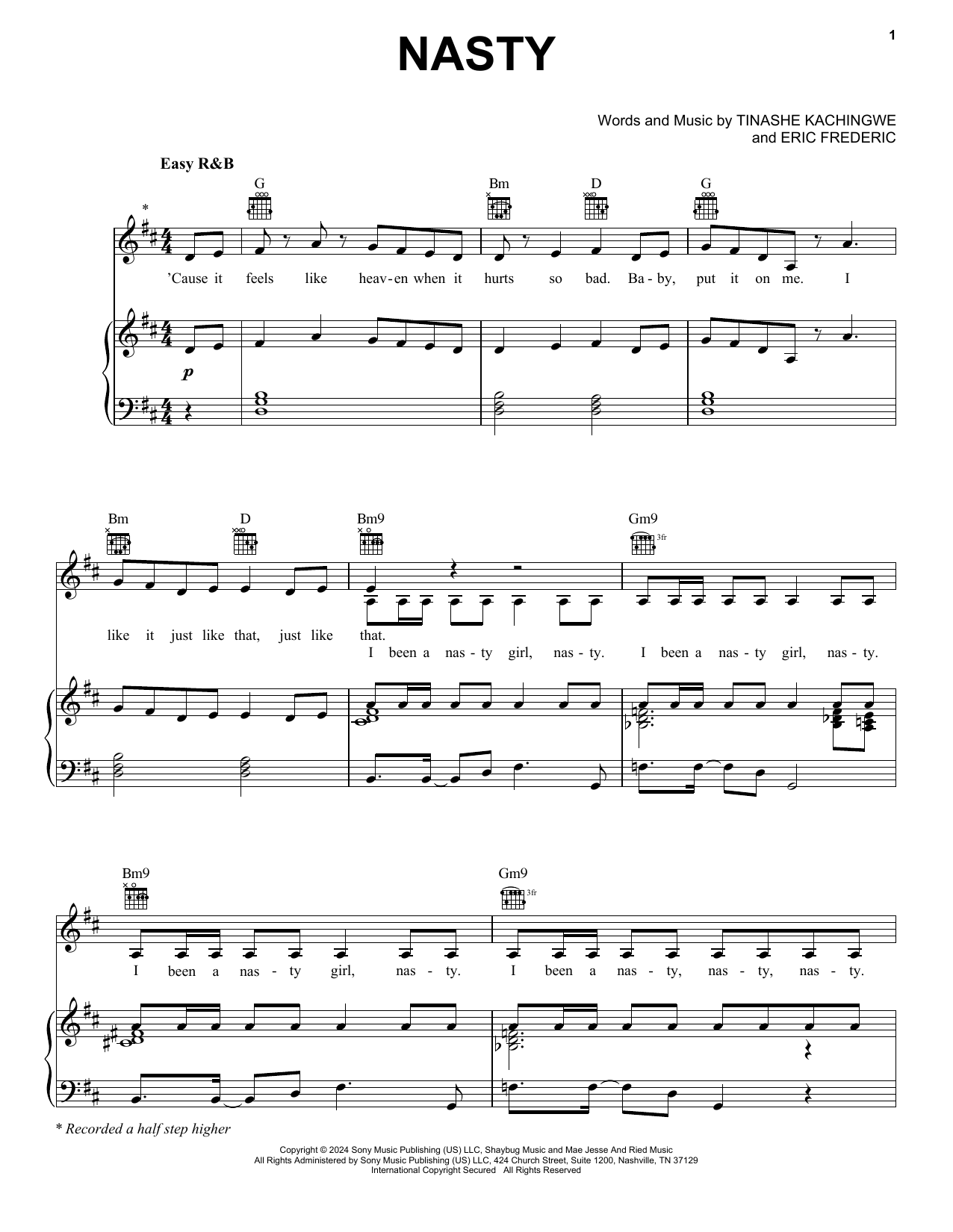 Tinashe Nasty Sheet Music Notes & Chords for Piano, Vocal & Guitar Chords (Right-Hand Melody) - Download or Print PDF