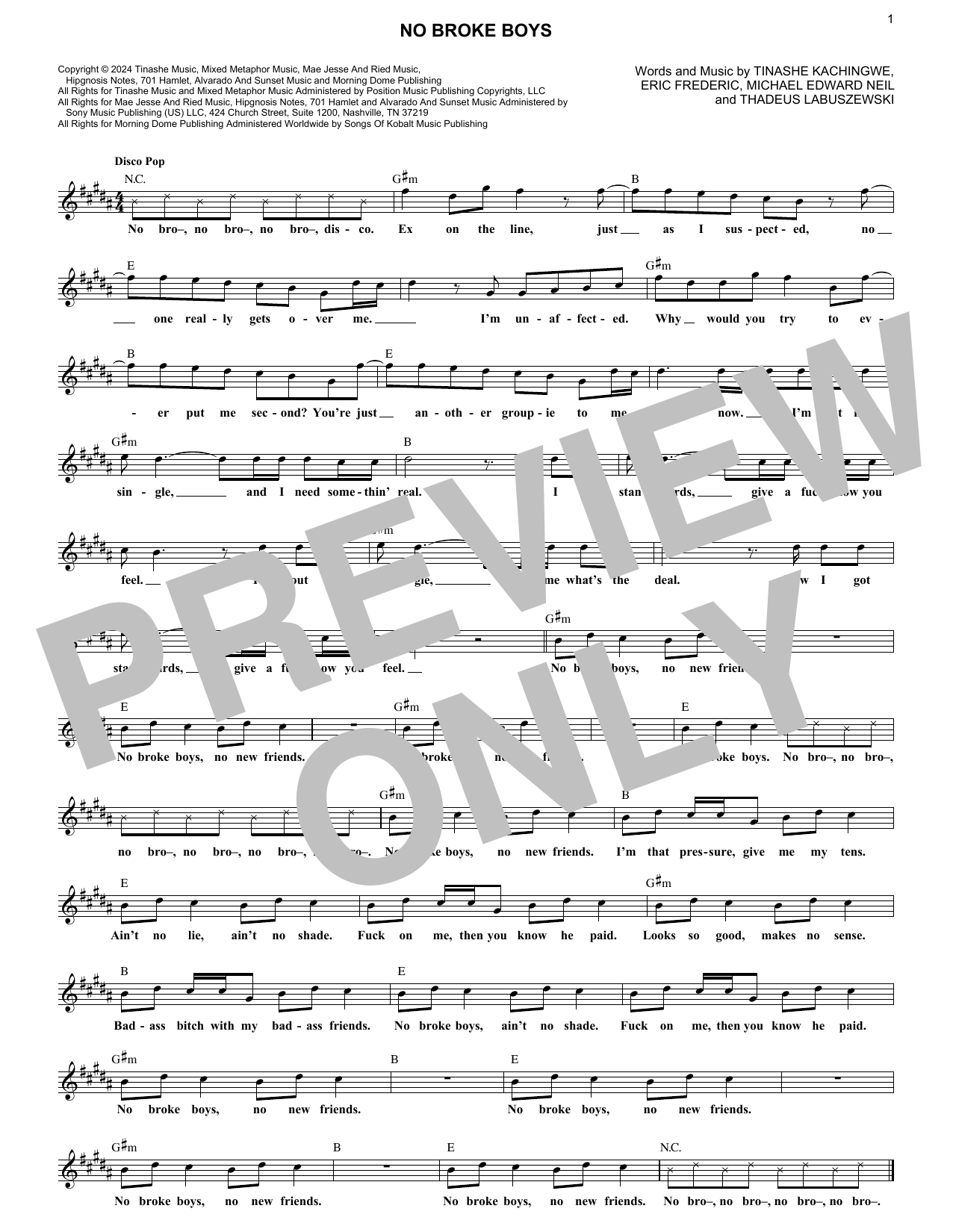 Tinashe No Broke Boys (Disco Lines Remix) Sheet Music Notes & Chords for Lead Sheet / Fake Book - Download or Print PDF