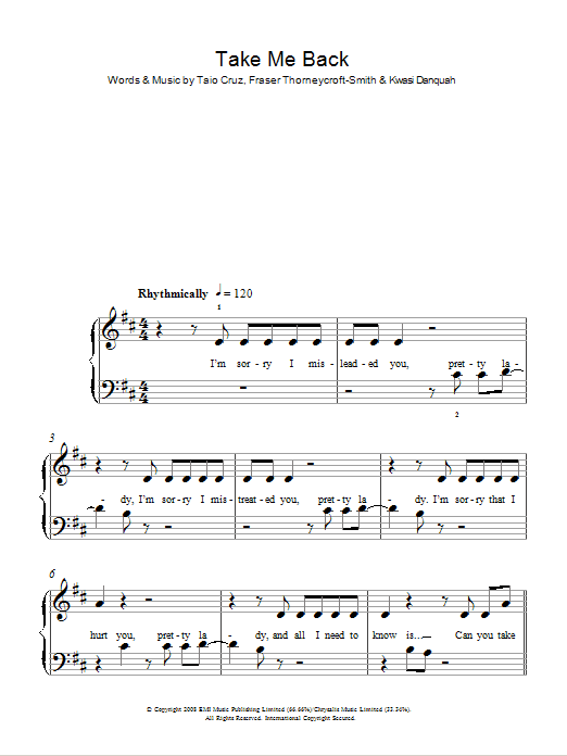 Tinchy Stryder Take Me Back (feat. Taio Cruz) Sheet Music Notes & Chords for 5-Finger Piano - Download or Print PDF