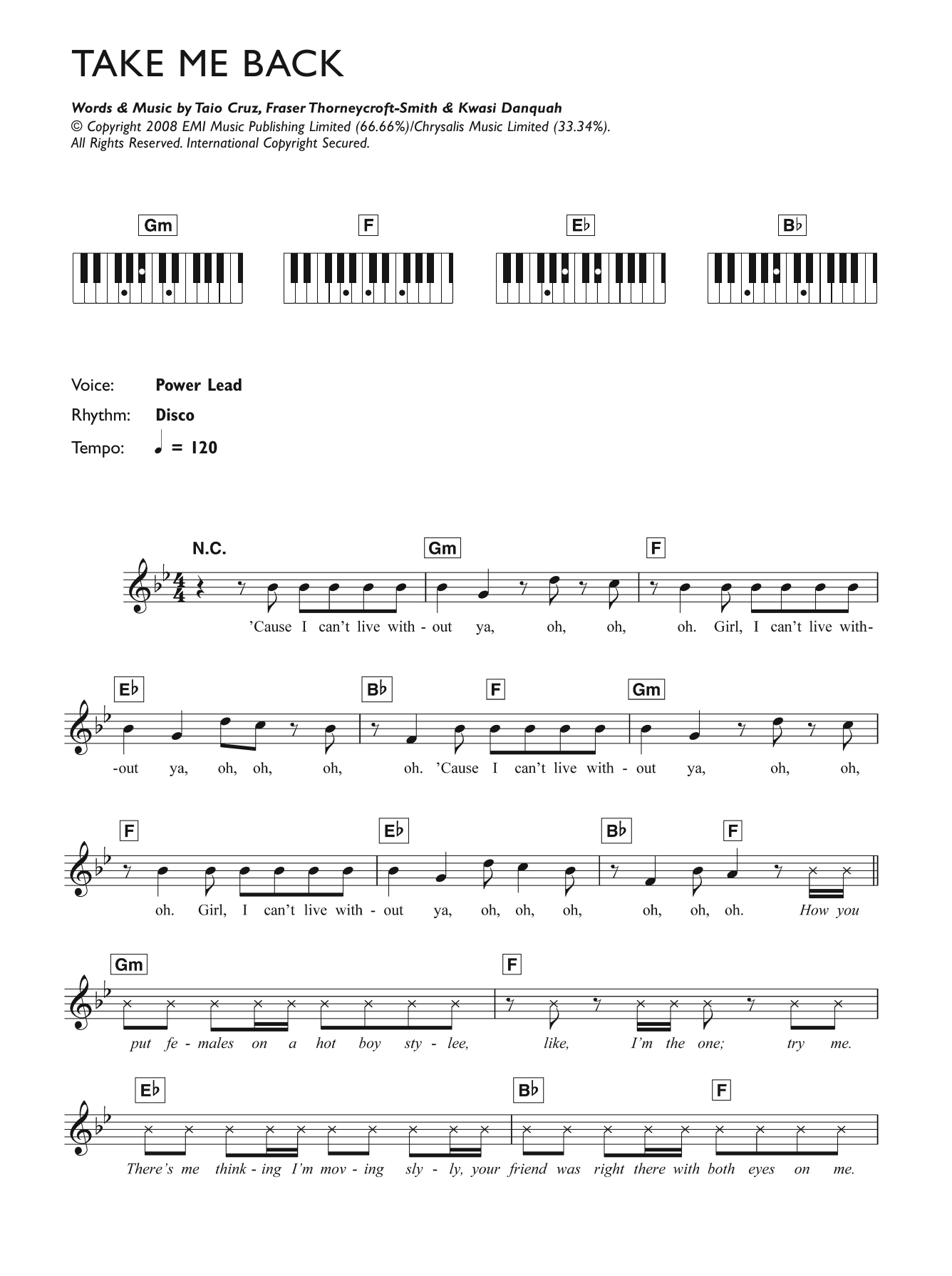 Tinchy Stryder Take Me Back (featuring Taio Cruz) Sheet Music Notes & Chords for Keyboard - Download or Print PDF
