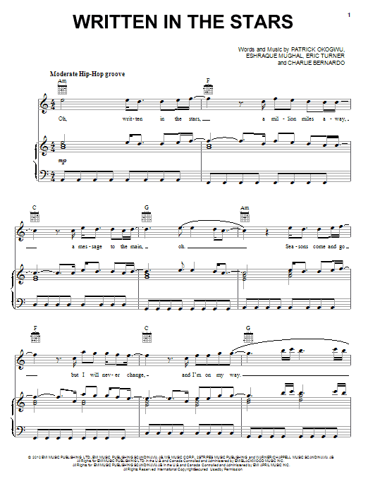 Tinie Tempah featuring Eric Turner Written In The Stars Sheet Music Notes & Chords for Piano, Vocal & Guitar (Right-Hand Melody) - Download or Print PDF
