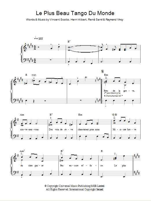 Tino Rossi Le Plus Beau Tango Du Monde Sheet Music Notes & Chords for Easy Piano - Download or Print PDF